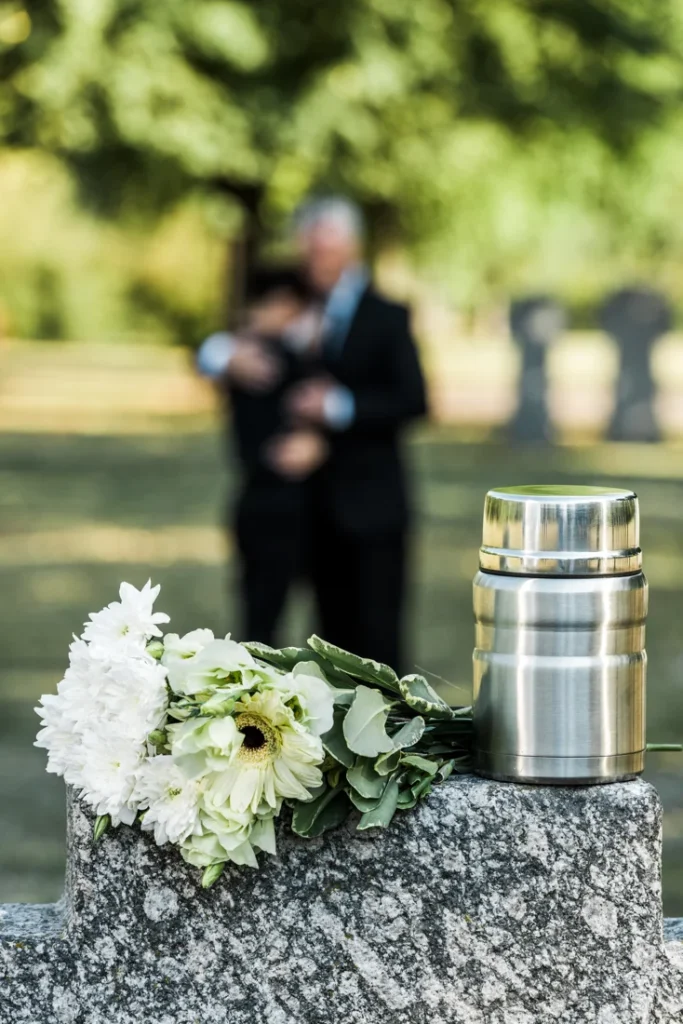 Flowers and mortuary urn for cremation